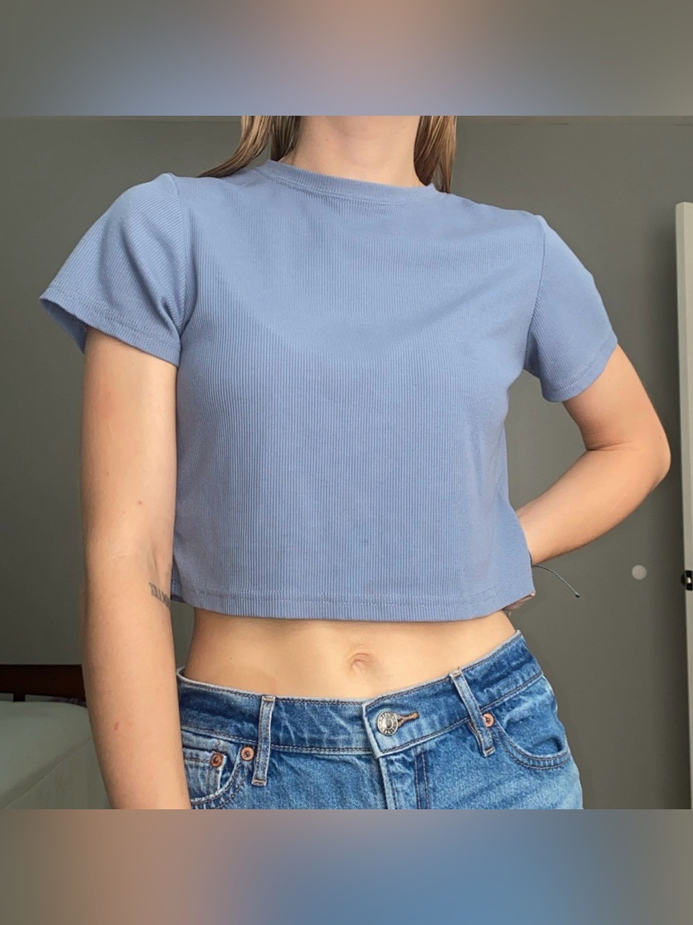 Ribbed Crewneck Crop Top in Light Blue